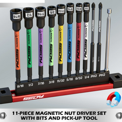 11 Pcs Magnetic Nut Driver Set SAE 9/16"-1/4", 6" Impact Nut Driver+PH2 Bits