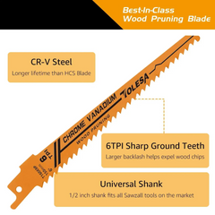 5PCS 6 Inch Wood Pruning Reciprocating Saw Blades – 6TPI CR-V Sabre Saw for Wood & PVC Cutting