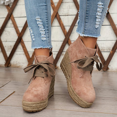 Women’s Casual Lace-Up Ankle Boots with Woven Jute Platform Heel by Snagg A Shoes
