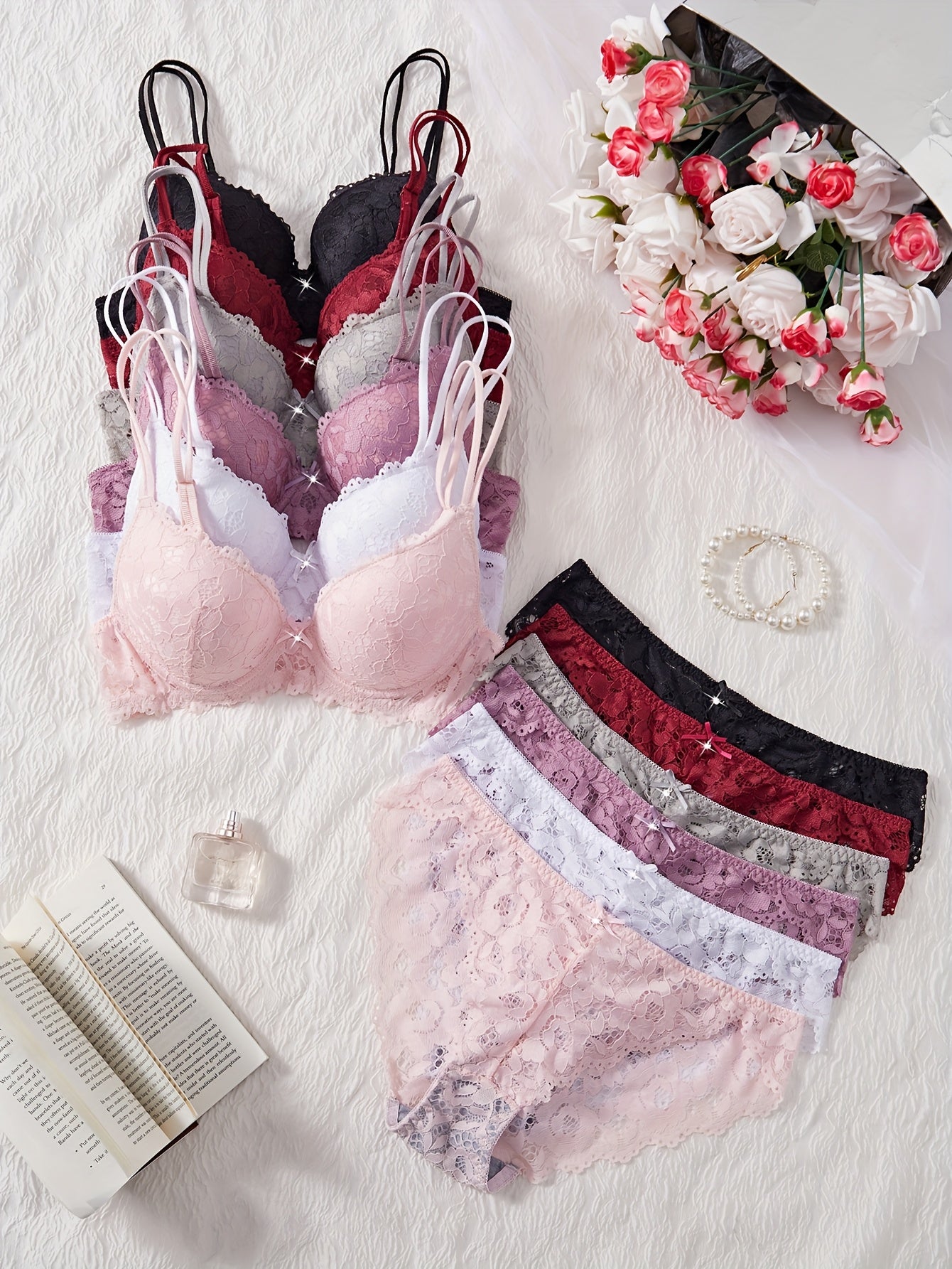 Women’s Lace Bra & Panty Set – 6-Piece Floral Pattern by Snagg An Underwear