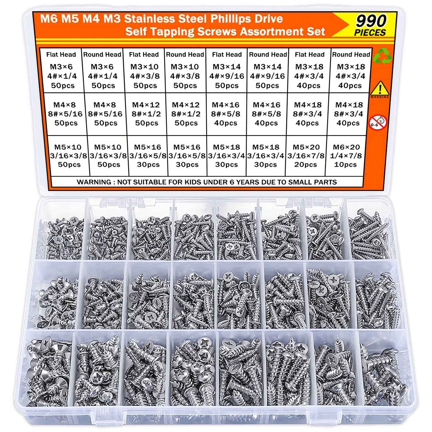 990pcs Self Tapping Screws Assortment Set M3/M4/M5/M6 - 304 stainless steel - Power Tools Gadget