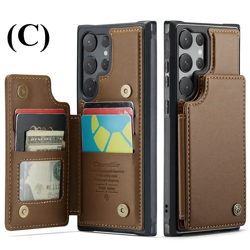 Luxury Leather Wallet Card Case – Samsung Galaxy S22 Series - C - Brown / Phone Cases & Covers