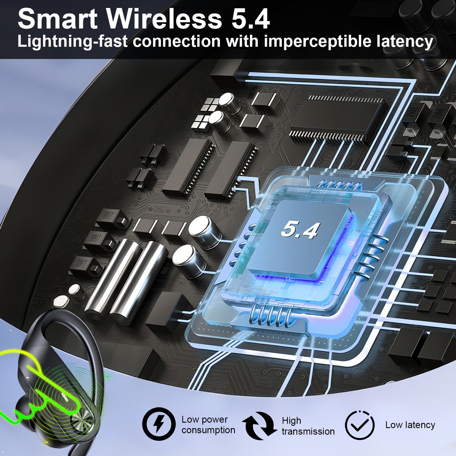 Wireless Earbuds 5.4 Headphones Sports, 75H Stereo Deep Bass Over-Ear with Earhooks, 4 ENC Mic, LED Display for Running Workout Exercise Gym, Exercise Audio Gear, Ergonomic Fit, Premium Audio, Noise Isolation, Music Lovers by Snagg An EarBud