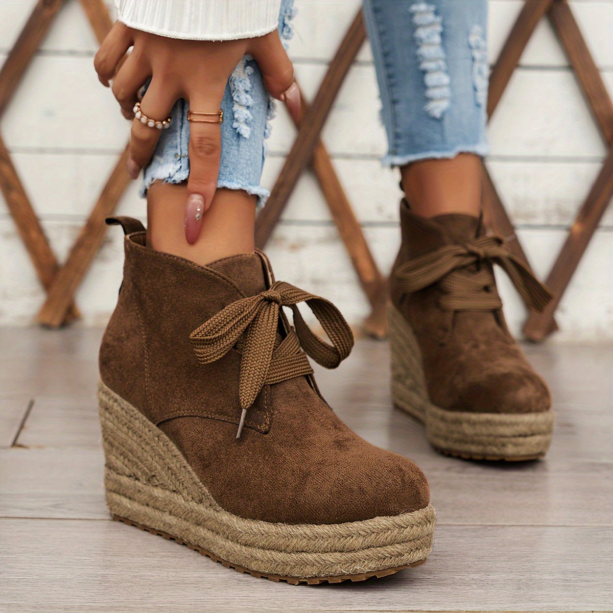 Women’s Casual Lace-Up Ankle Boots with Woven Jute Platform Heel by Snagg A Shoes