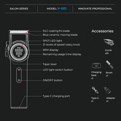 Professional 21 Speed Master Clipper – 4600mAh High-Capacity System with DLC "Flx" Blades & Charging Base