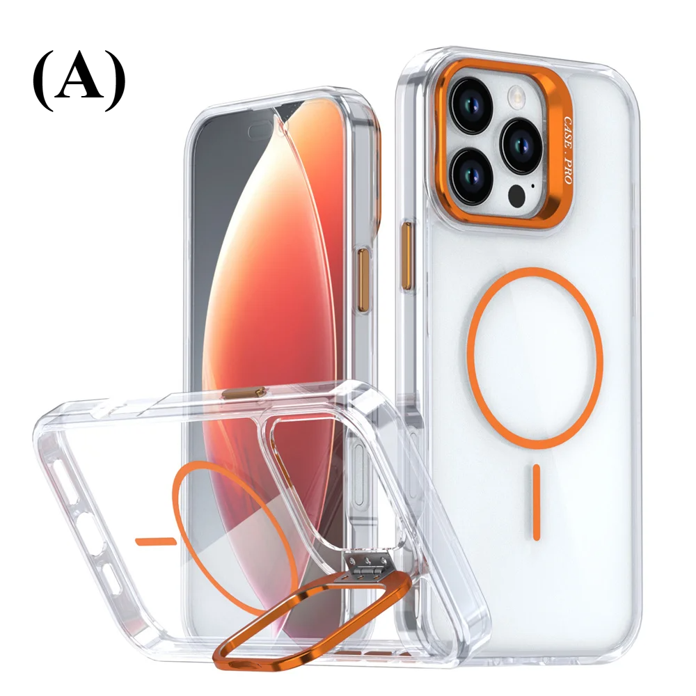 Invisible Lens Clear Acrylic Stand MagSafe Phone Case – iPhone 15 Series - A - Orange / Cases & Covers