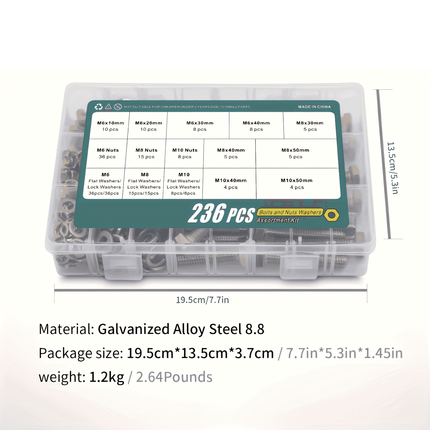 236 Pcs Heavy Duty Bolt & Nut Kit — Grade 8.8 Alloy Steel M6/M8/M10 Hex Bolts Nuts Washers - 236pcs/set - Power Tools
