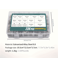 236 Pcs Heavy Duty Bolt & Nut Kit — Grade 8.8 Alloy Steel M6/M8/M10 Hex Bolts Nuts Washers - 236pcs/set - Power Tools