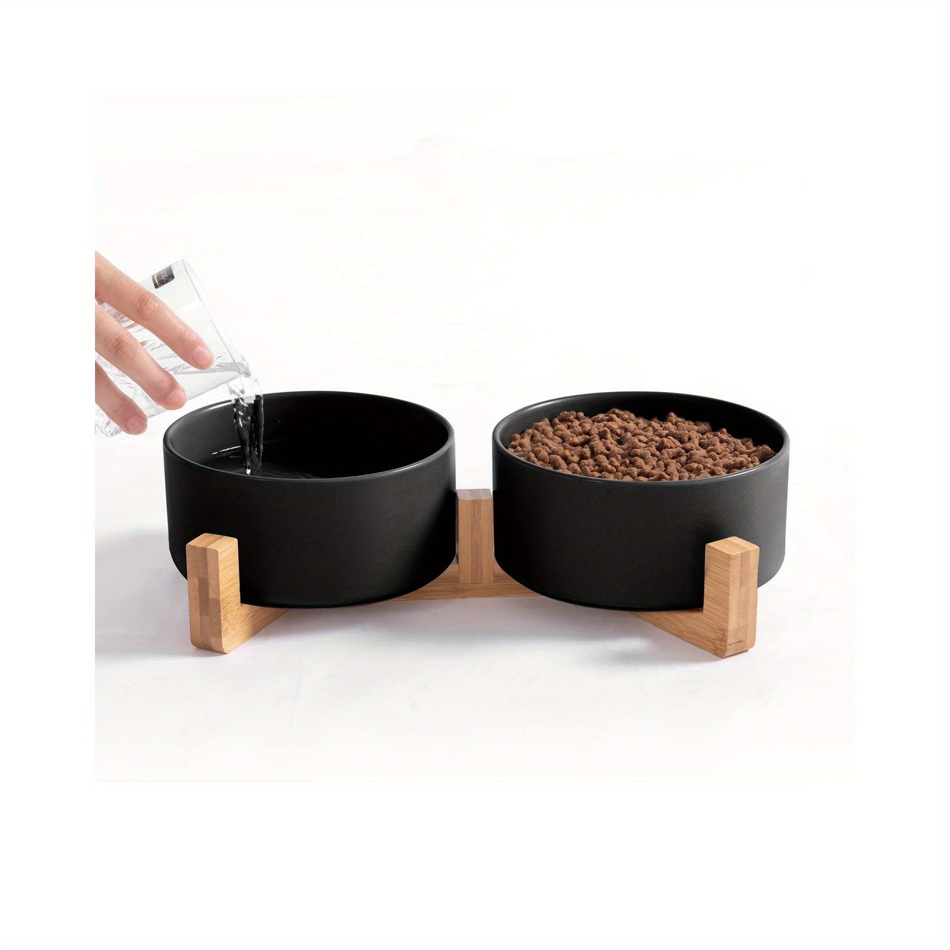 Non-Slip Ceramic Double Pet Food Bowl with Bamboo Stand by Snagg A Feeder