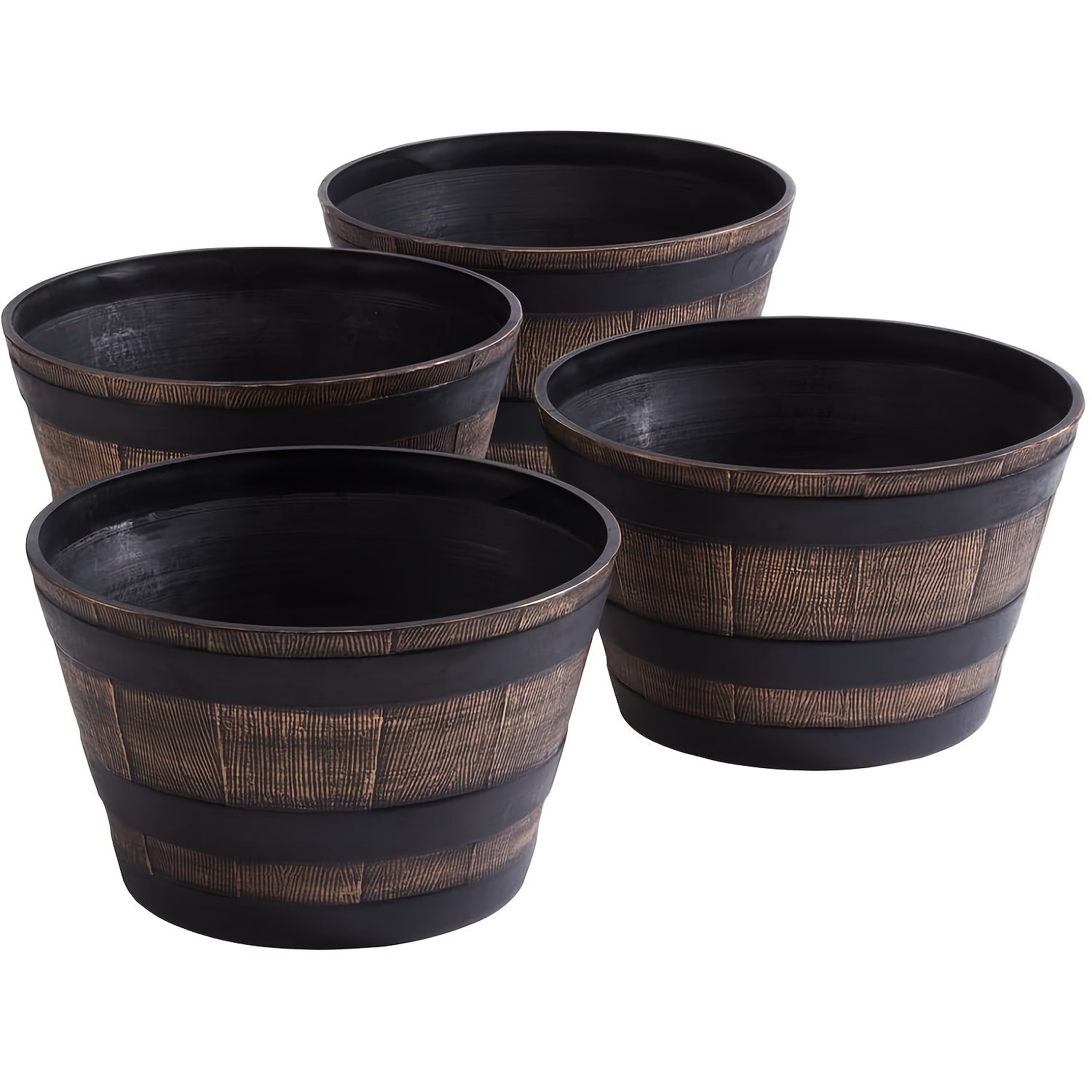 4pcs Whiskey Barrel Style Flower Pots with Trays by Snagg A Pot