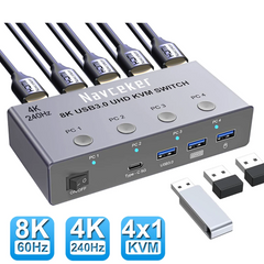 4K@240Hz / 8K KVM Switch HDMI 4-in-1 – 4 PC, 4-Port USB 3.0, Share 1 Monitor, Mouse & Keyboard