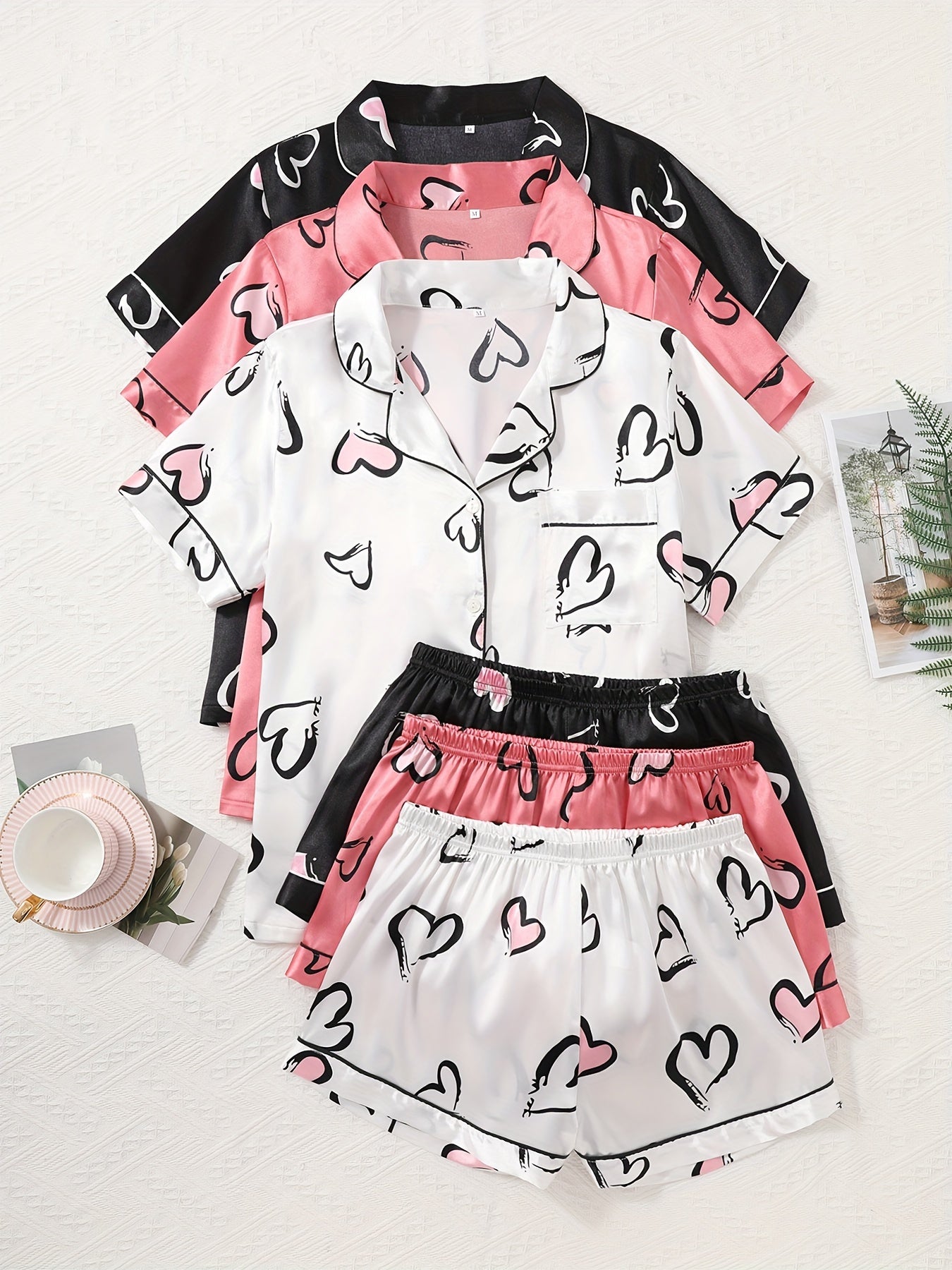 Women’s Love Print Satin – 3-Piece Pajama Set by Snagg A Pajama