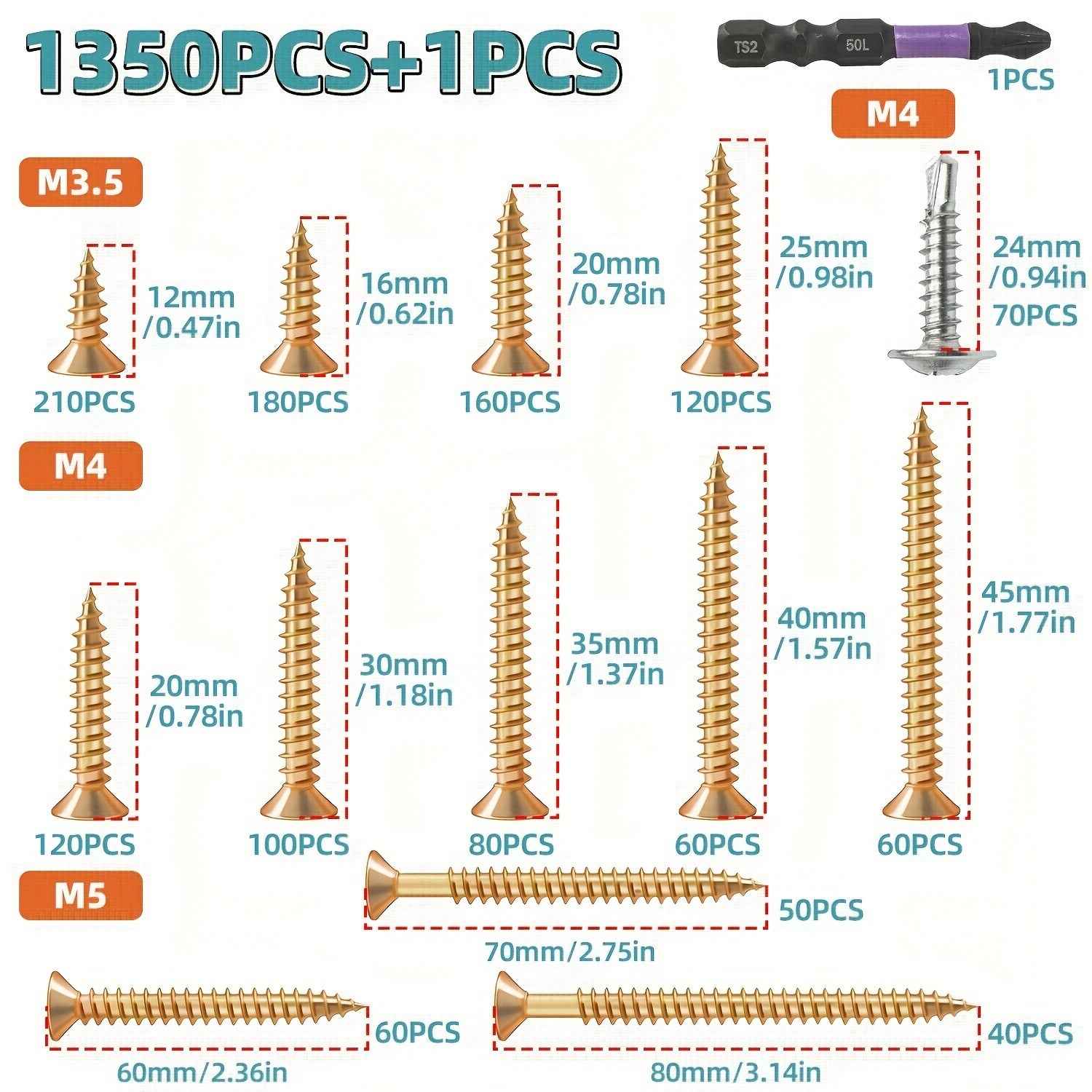 1350 Pcs Wood & Metal Screw Kit — M3.5/M4/M5 - M3.5 M4 M5 410 screws - 1350pcs - Power Tools Gadget