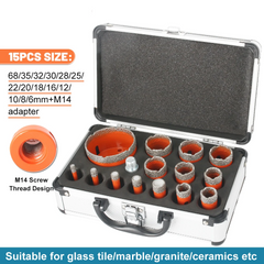 15 Piece Professional Vacuum Brazed Diamond Core Bit Set & M14 Threaded Masonry Hole Saw Kit
