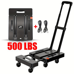 500LB Folding Hand Truck – Heavy Duty Luggage Cart with 6 Wheels & Elastic Ropes - Black - General Tools