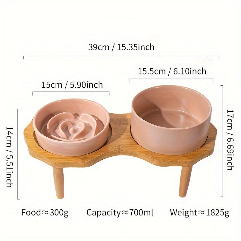 Slow Food Ceramic Cat & Dog Bowl with Elevated Wooden Stand by Snagg A Feeder