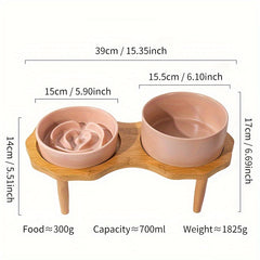 Slow Food Ceramic Cat & Dog Bowl with Elevated Wooden Stand by Snagg A Feeder