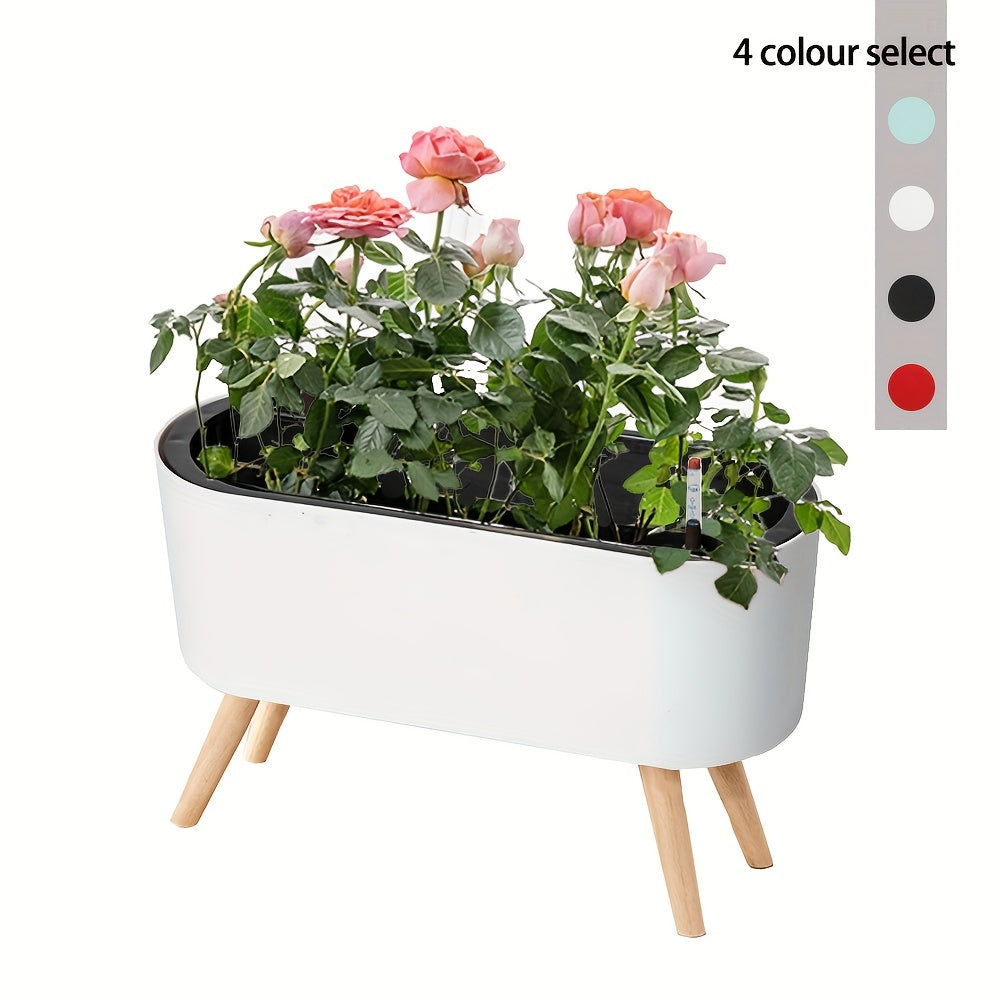 16.5" Self-Watering Flower Pot with Wooden Stand by Snagg A Pot
