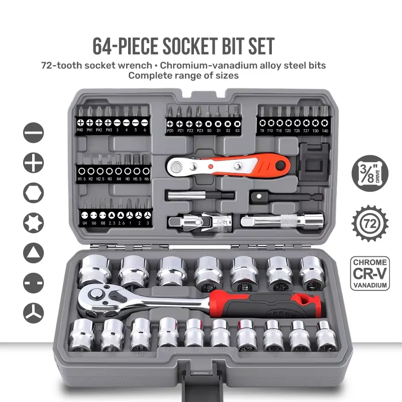 1/4" & 3/8" Ratchet Socket & Torque Wrench Set – Cr-V Steel Sockets & Screwdriver Bits for Automotive & Home Repair