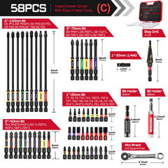 58PCS Impact Screwdriver & Drill Bit Tool Set – Magnetic Bits, Mini Wrench, Socket Drivers, Step Drill & Bit Holders