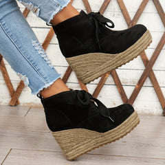 Women’s Casual Lace-Up Ankle Boots with Woven Jute Platform Heel by Snagg A Shoes