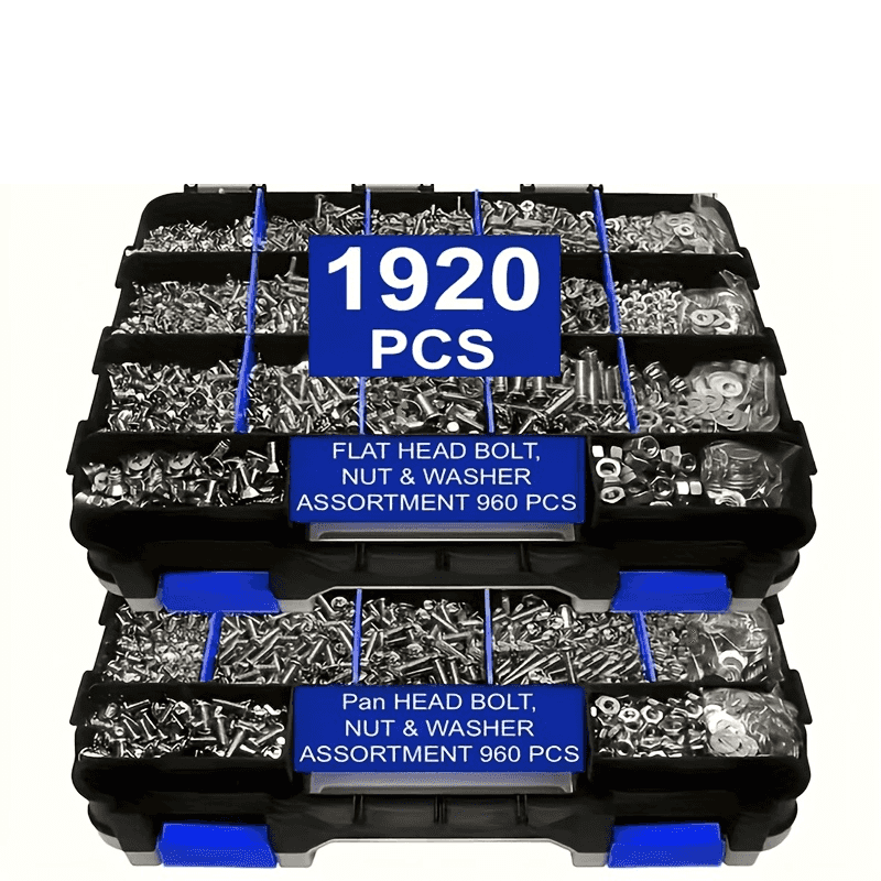 1920pcs Nut and Bolt Assortment Kit Stainless Steel Phillips Pan Head & Countersunk Bolts with Double-Sided Toolbox
