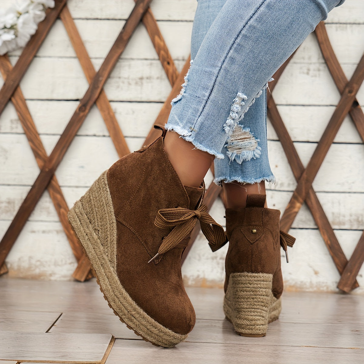 Women’s Casual Lace-Up Ankle Boots with Woven Jute Platform Heel by Snagg A Shoes