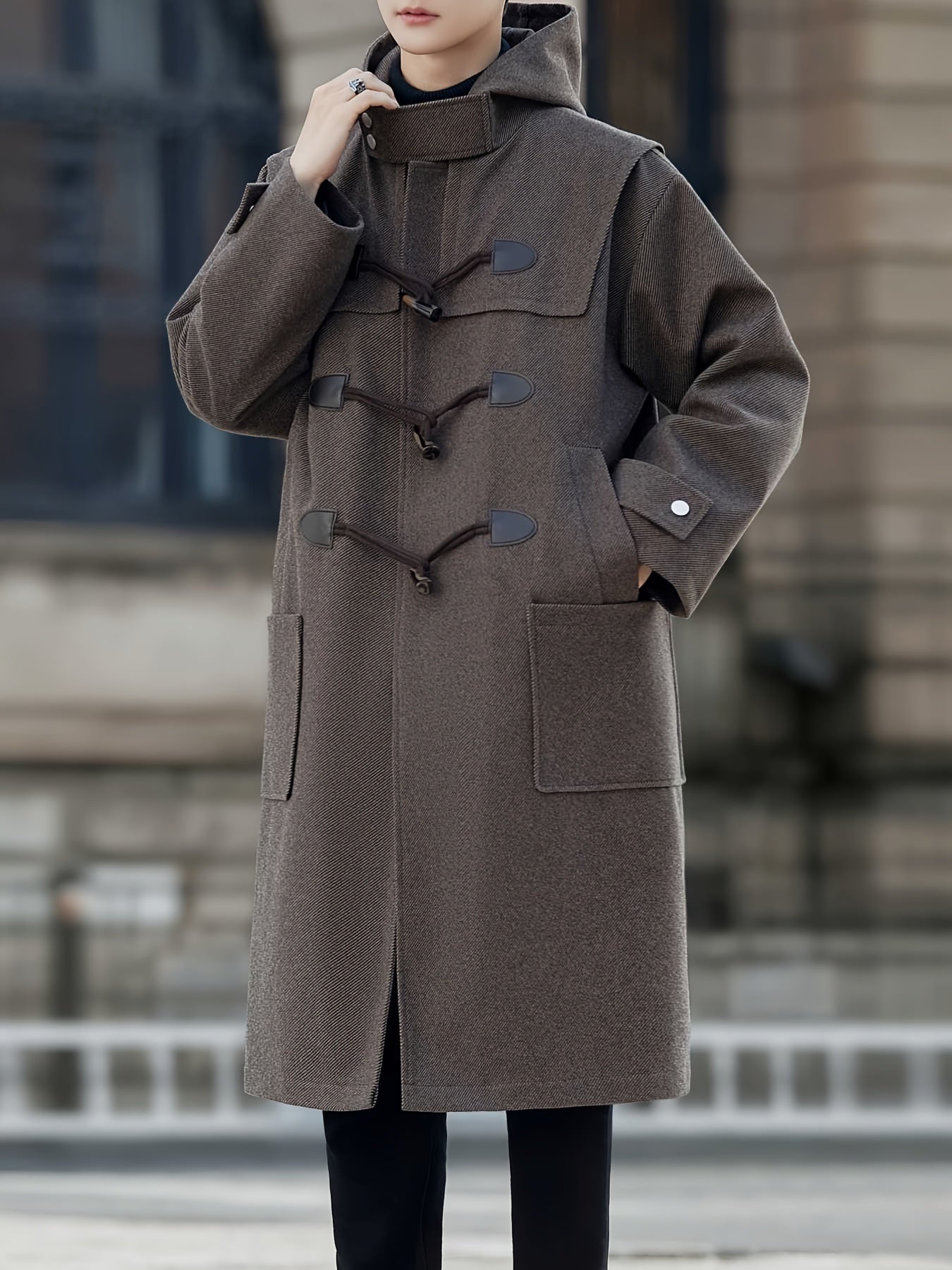 Men’s Casual Long-Length Tweed Coat with Hood & Horn Buttons by Snagg A Coat