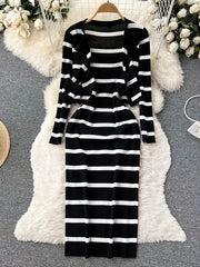 Striped Crew Neck Button-Up Sweater & Pencil Dress Set by Snagg A Dress