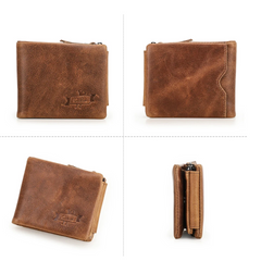 Crazy Horse Cowhide Leather Trifold Wallet with Zip Coin Pocket