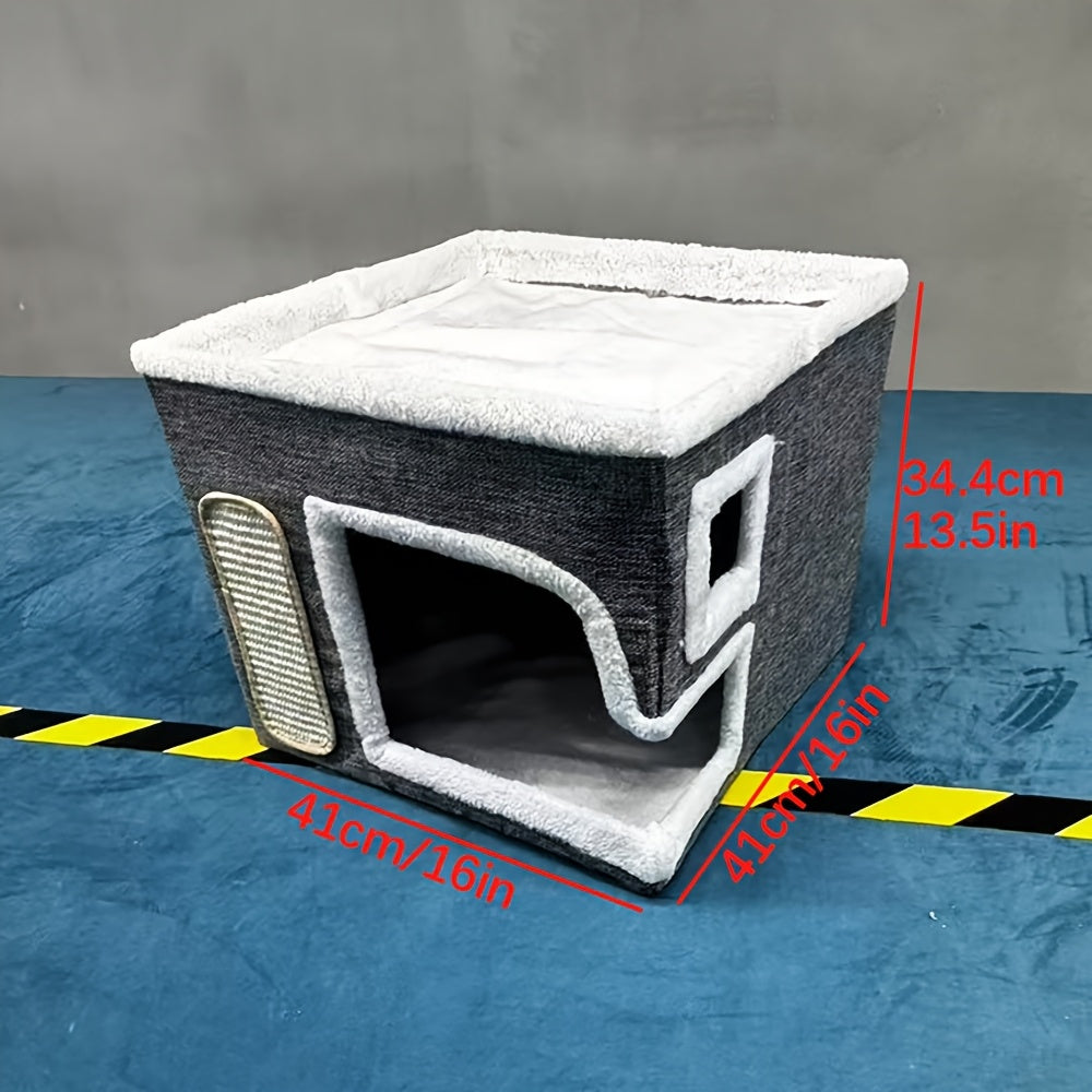 Extra-Wide Modern Cat House with Plush Ball Hammock by Snagg A Cave