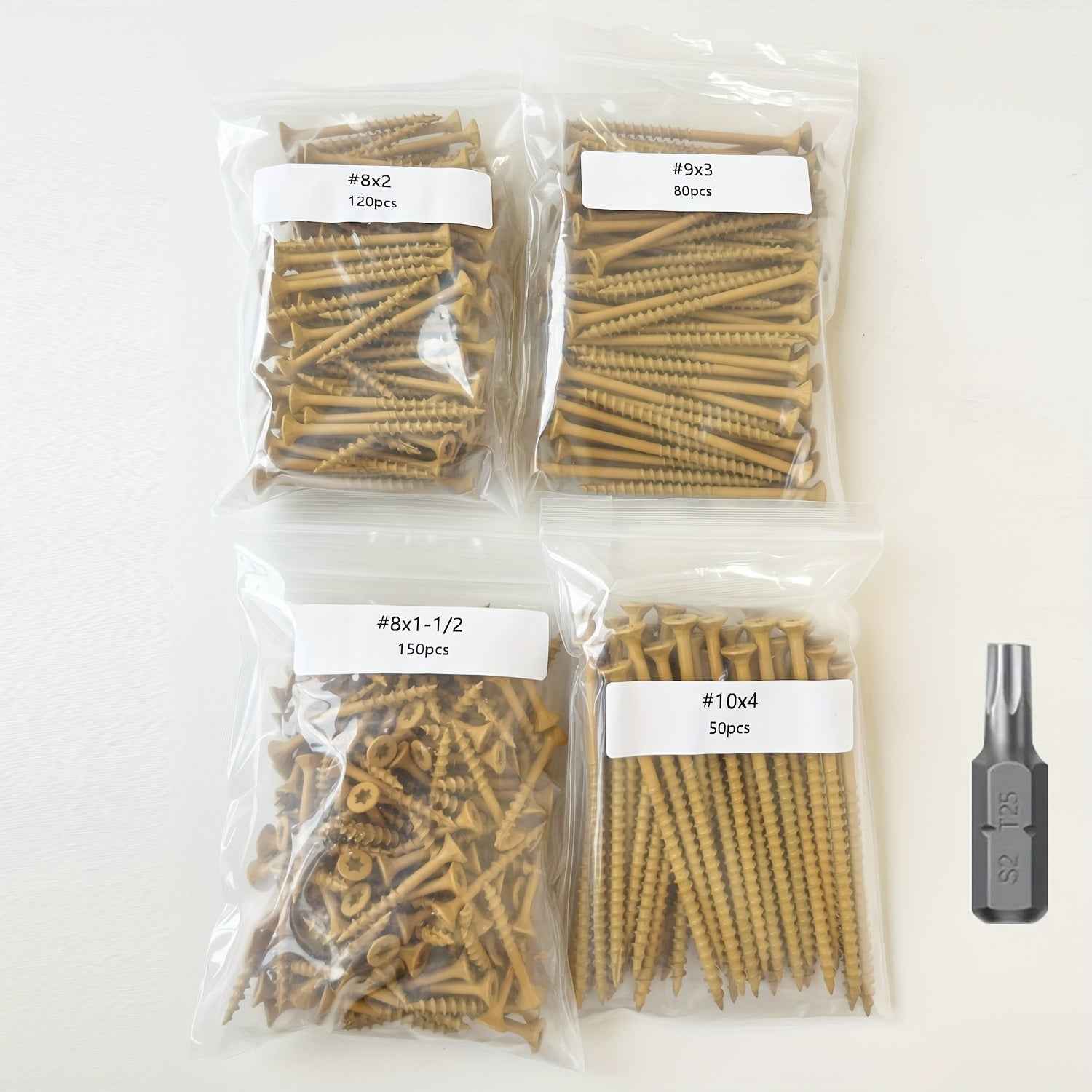 400 Pcs Deck Screw Kit — Rustproof Epoxy-Coated #8/#9/#10 Star-Drive Wood Screws with T25 Bit (1.5’’–4’’)