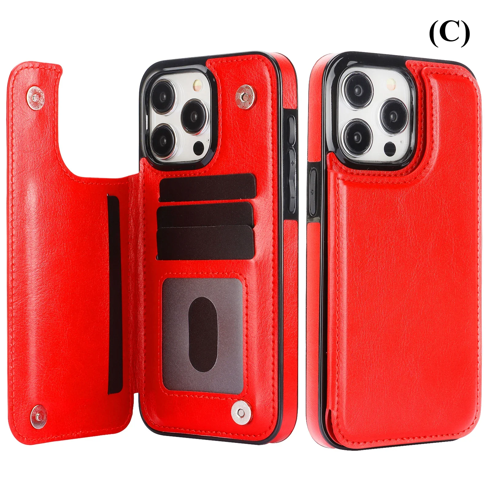 Double Button Wallet Flip Leather Case with Card Slot & Stand – for iPhone 14 Series - C - Red / Pro - Phone Cases