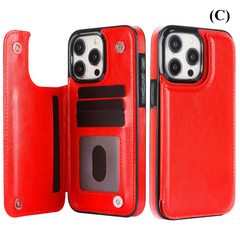 Double Button Wallet Flip Leather Case with Card Slot & Stand – for iPhone 14 Series - C - Red / Pro - Phone Cases