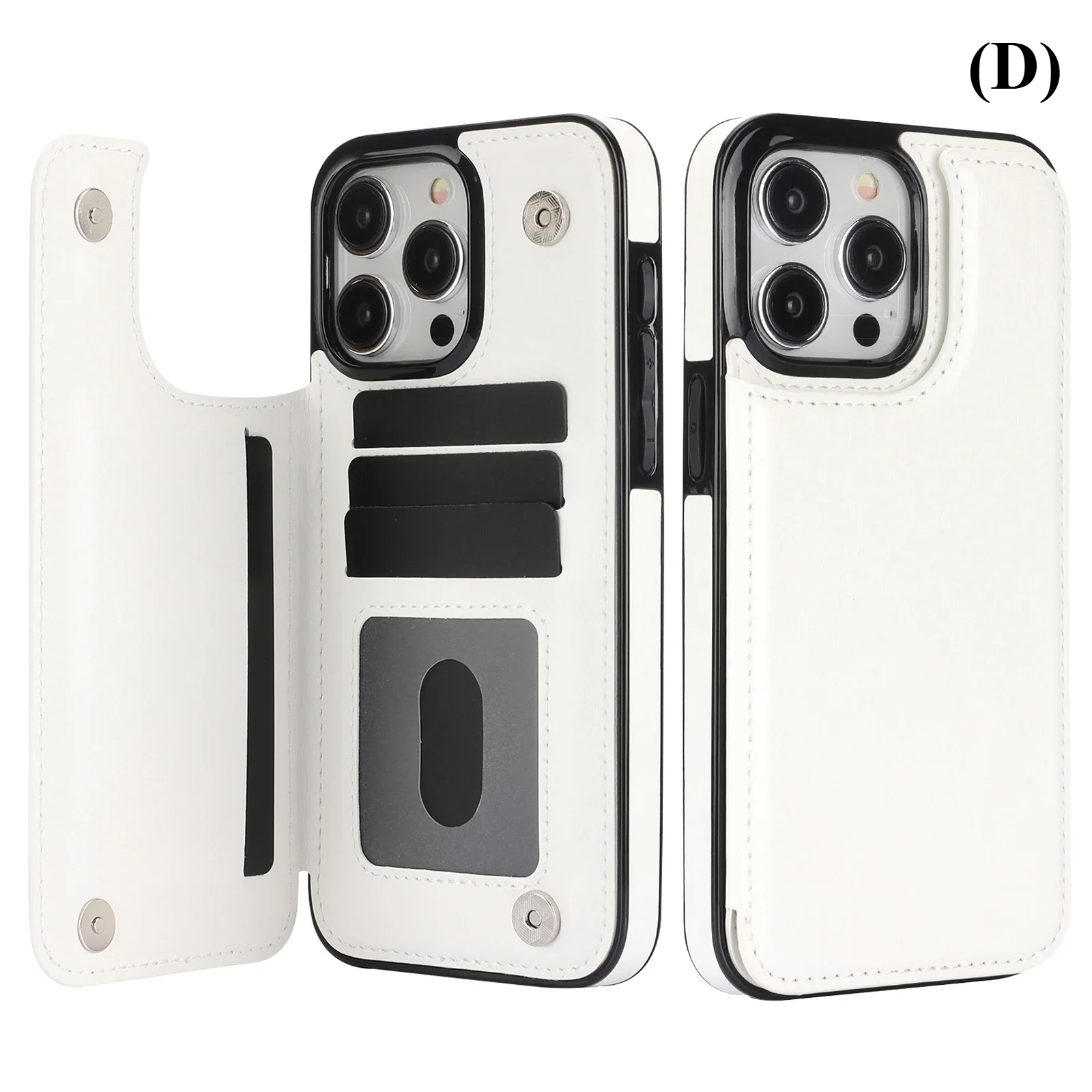Double Button Wallet Flip Leather Case with Card Slot & Stand – for iPhone 14 Series - D - White / Pro Max - Phone