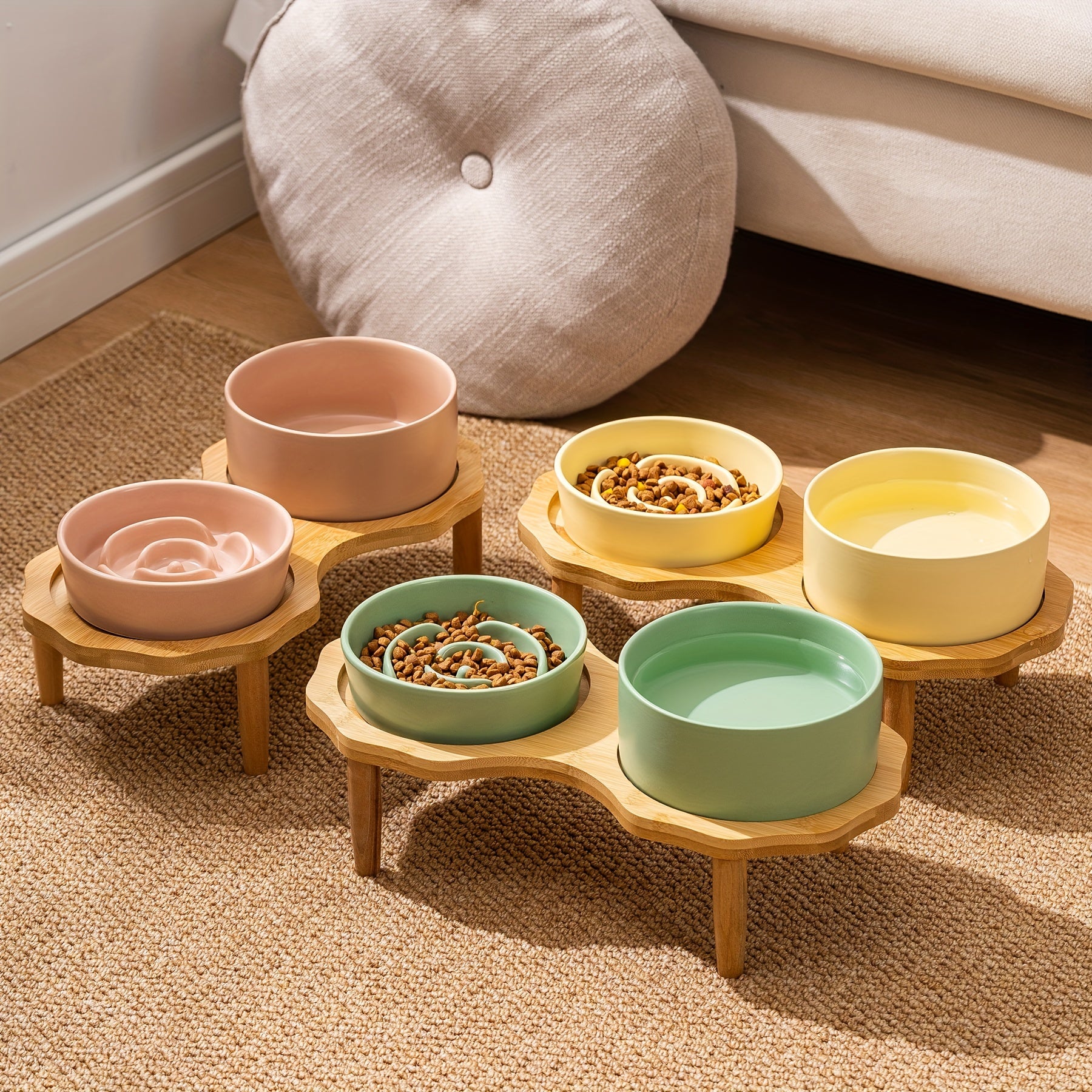 Slow Food Ceramic Cat & Dog Bowl with Elevated Wooden Stand by Snagg A Feeder