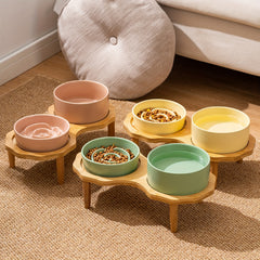 Slow Food Ceramic Cat & Dog Bowl with Elevated Wooden Stand by Snagg A Feeder