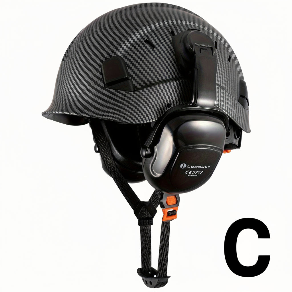 Carbon Fiber Pattern Safety Helmet with Visor, Earmuffs by Snagg A Safety Helmet