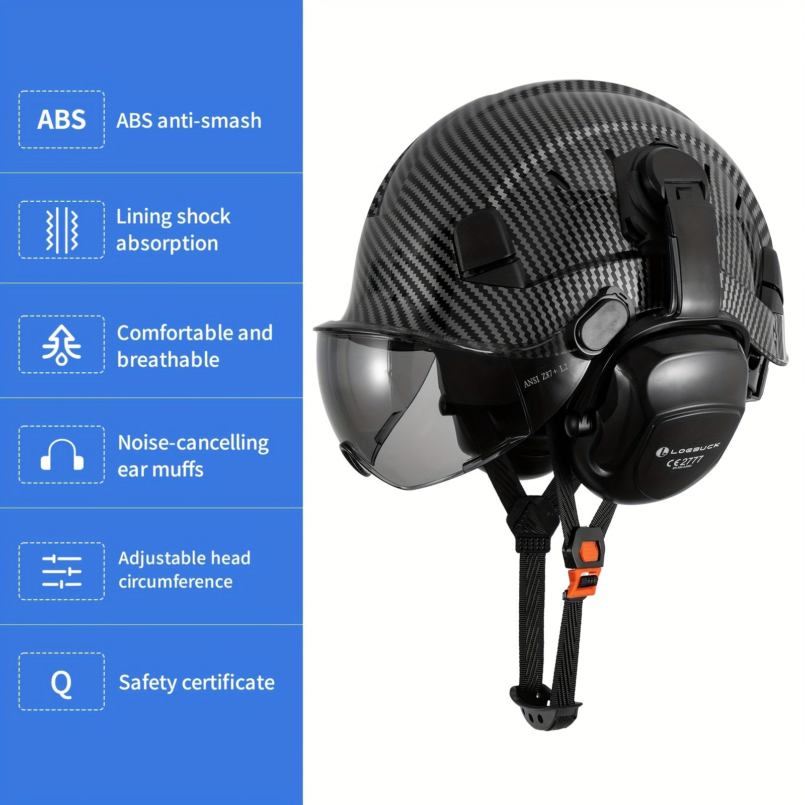 Carbon Fiber Pattern Safety Helmet with Visor, Earmuffs by Snagg A Safety Helmet