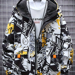 Men’s Graffiti Print Hooded Windbreaker – Mid-Length, Unisex Streetwear by Snagg A Jacket