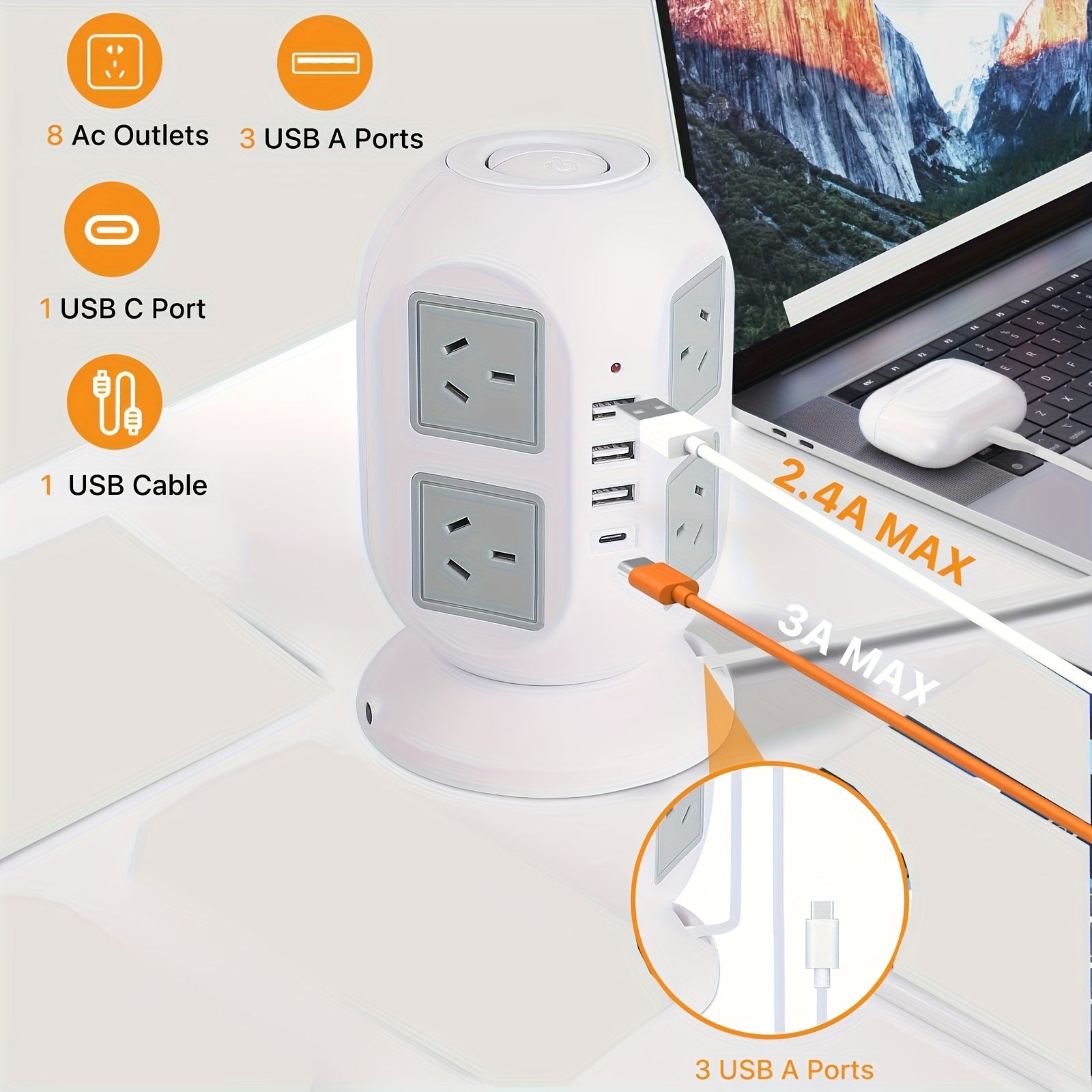 16-in-1 Tower Powerboard with USB-C | Surge Protector Charging Station (3m) by Snagg An Extension Cable