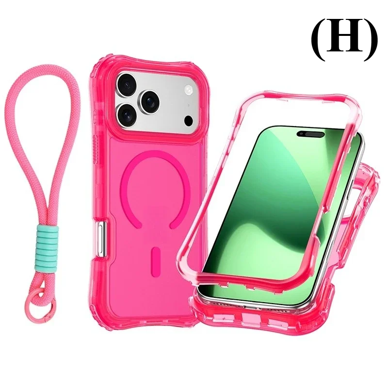 Shockproof Armor 3 in 1 Magnetic Case with Wrist Strap – for iPhone 17 Series - H - Bright Hot Pink / iPhone17 Pro