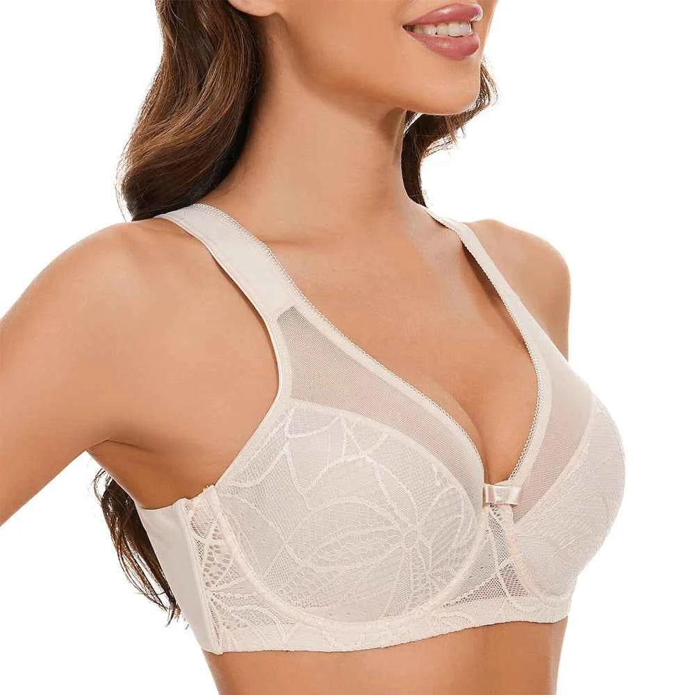 Plus Size Floral Lace Minimizer Bra | Underwire Full Coverage Push-Up Support Breathable