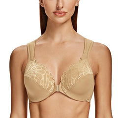 Front Closure Lace Bra | Underwire Plunge 3/4 Cup Cushion Strap
