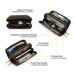 Genuine Leather Long Wallet Clutch with Double Zipper & Card Holders