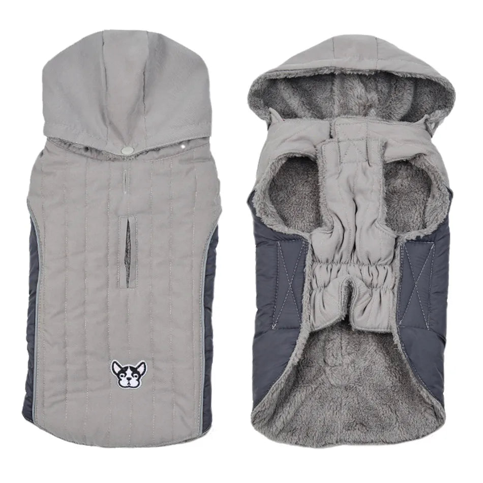 Quilted Dog Jacket with Removable Hood – Thick Fleece Winter Coat with Reflective Strips & Adjustable Belly