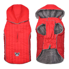 Quilted Dog Jacket with Removable Hood – Thick Fleece Winter Coat with Reflective Strips & Adjustable Belly