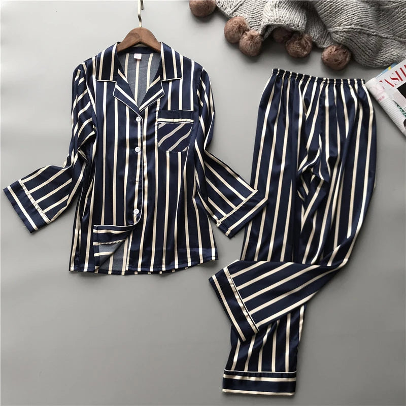 Women's Vertical Stripe Pajama Set | Loose Leisure Long Sleeve Spring Loungewear
