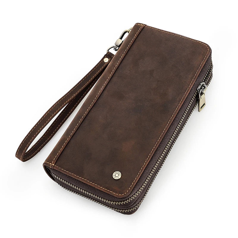 Genuine Leather Long Wallet Clutch with Double Zipper & Card Holders