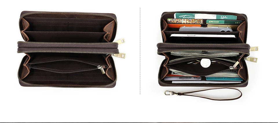 Genuine Leather Long Wallet Clutch with Double Zipper & Card Holders